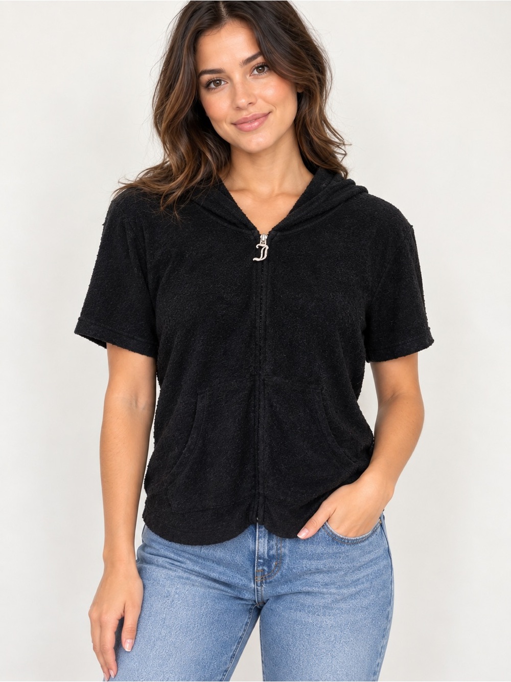 Juicy Couture Liquorice Short-Sleeve Hooded Zip Terry Top Women Size Large NWT
